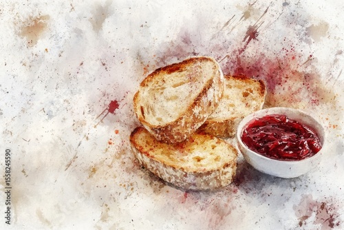 Delicious Freshly Baked Bread Slices with Rich Red Jam in a Bowl on a Textured Background Perfect for Food Lovers and Culinary Imagery Across Various Platforms