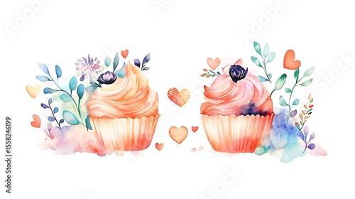 Delightful watercolor cupcakes with floral accents and hearts on a white background