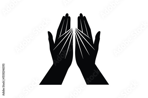 Silhouette art illustration of hands in prayer with light rays behind them.eps