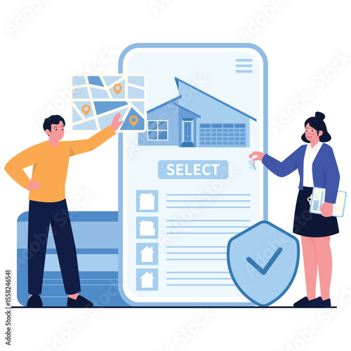 Real Estate Illustration. Vector illustration of A buyer choosing a property from a digital map and house listing on a large mobile screen. Isolated on background