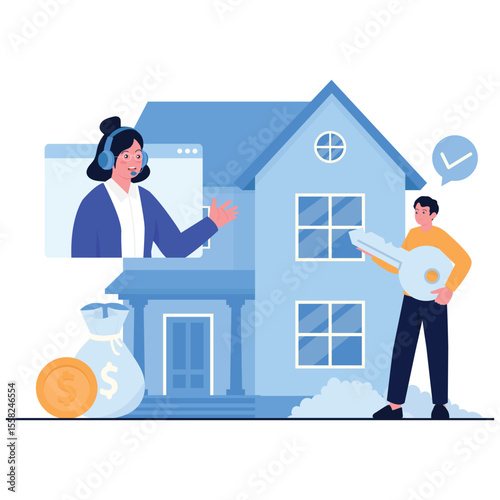 Real Estate Illustration. Vector illustration of Real estate agent providing online consultation while client receives house keys. Isolated on background