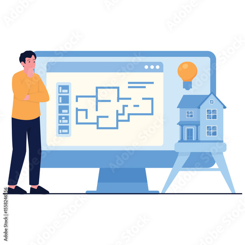 Real Estate Illustration. Vector illustration of A man analyzing digital house layout on a screen with architectural planning elements. Isolated on background