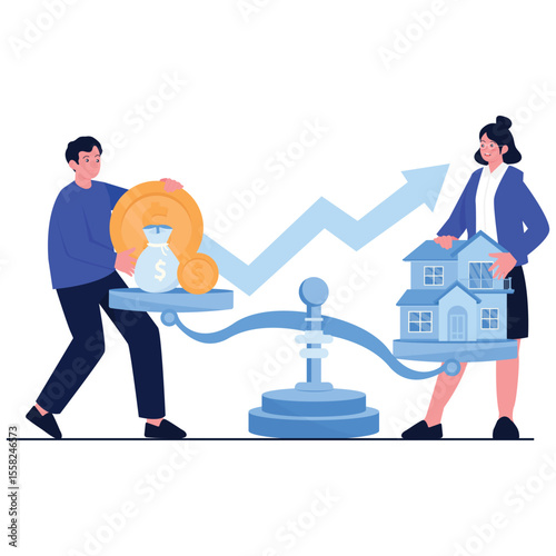 Real Estate Illustration. Vector illustration of Man and woman balancing house and money on scale to symbolize real estate investment. Isolated on background
