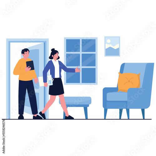 Real Estate Illustration. Vector illustration of Real estate agent guiding client during an interior property tour. Isolated on background