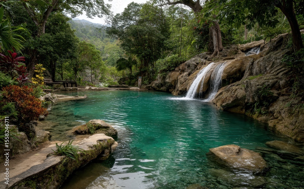 Naklejka premium Serene Tropical Landscape with Crystal Clear Waterfall and Lush Greenery in a Peaceful Jungle Setting for Nature Enthusiasts and Travel Lovers