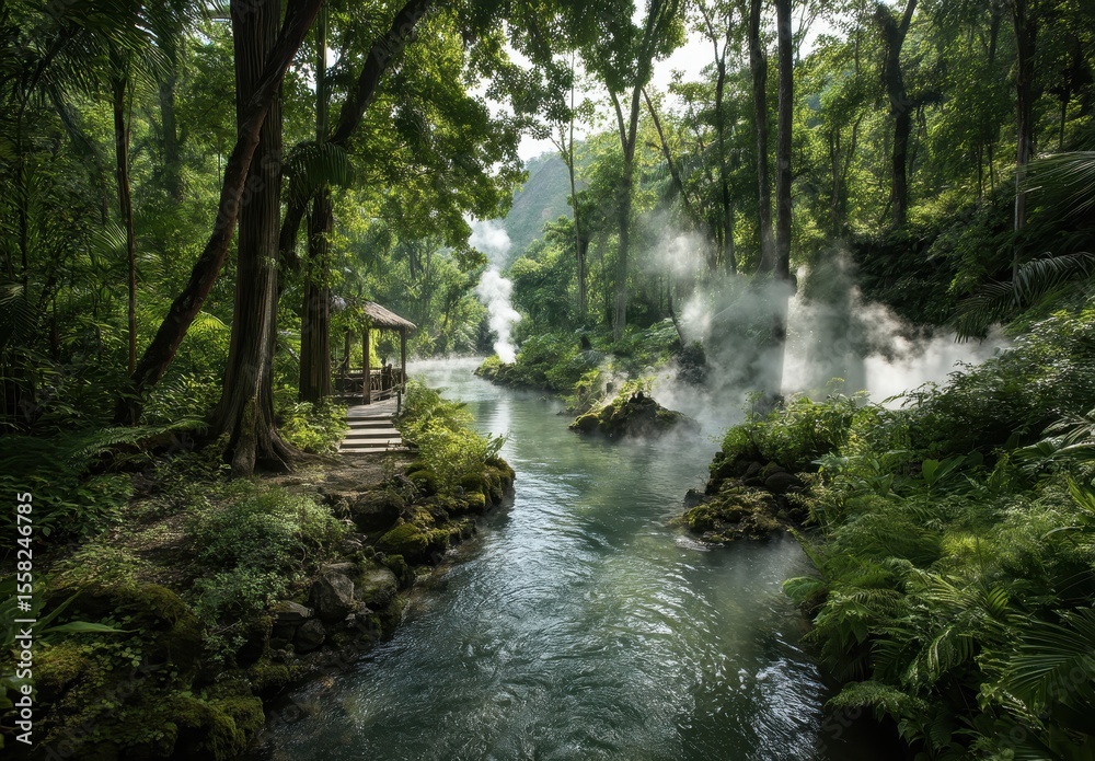 Obraz premium Serene Tropical River Surrounded by Lush Greenery and Misty Steam in a Tranquil Forest Landscape