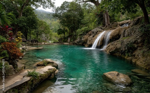 Serene Tropical Landscape with Crystal Clear Waterfall and Lush Greenery in a Peaceful Jungle Setting for Nature Enthusiasts and Travel Lovers