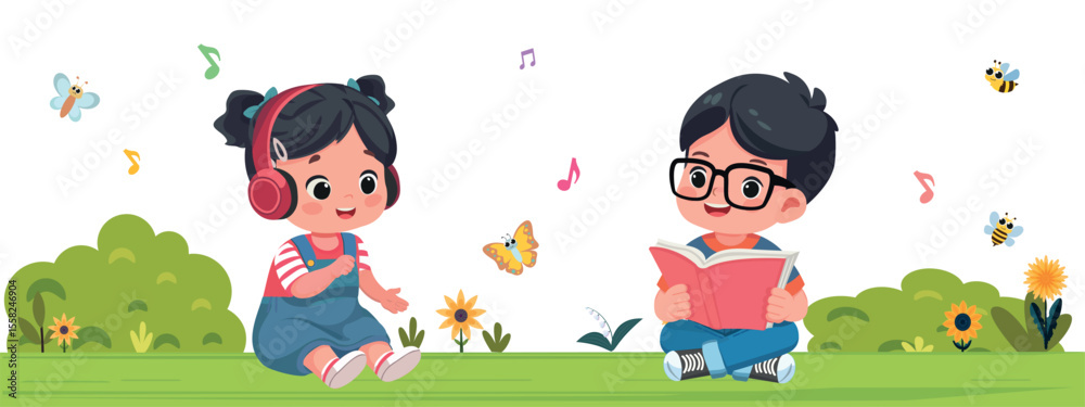 Obraz premium kids resting on the lawn listening to music and reading in the park cartoon vector illustration