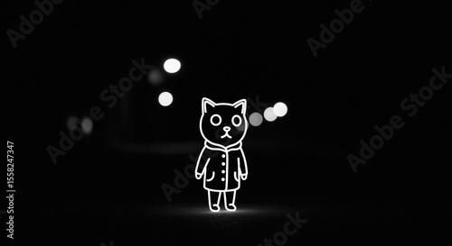 Mysterious Cat's Night Walk: An outlined illustration depicts a charming cartoon cat strolling through a darkened, blurred-light nightscape, capturing a sense of wonder and solitude.