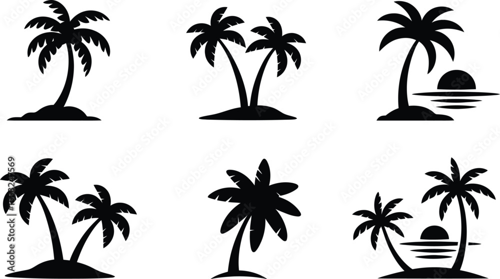 Fototapeta premium Illustrations of palm trees in black silhouette on a white background