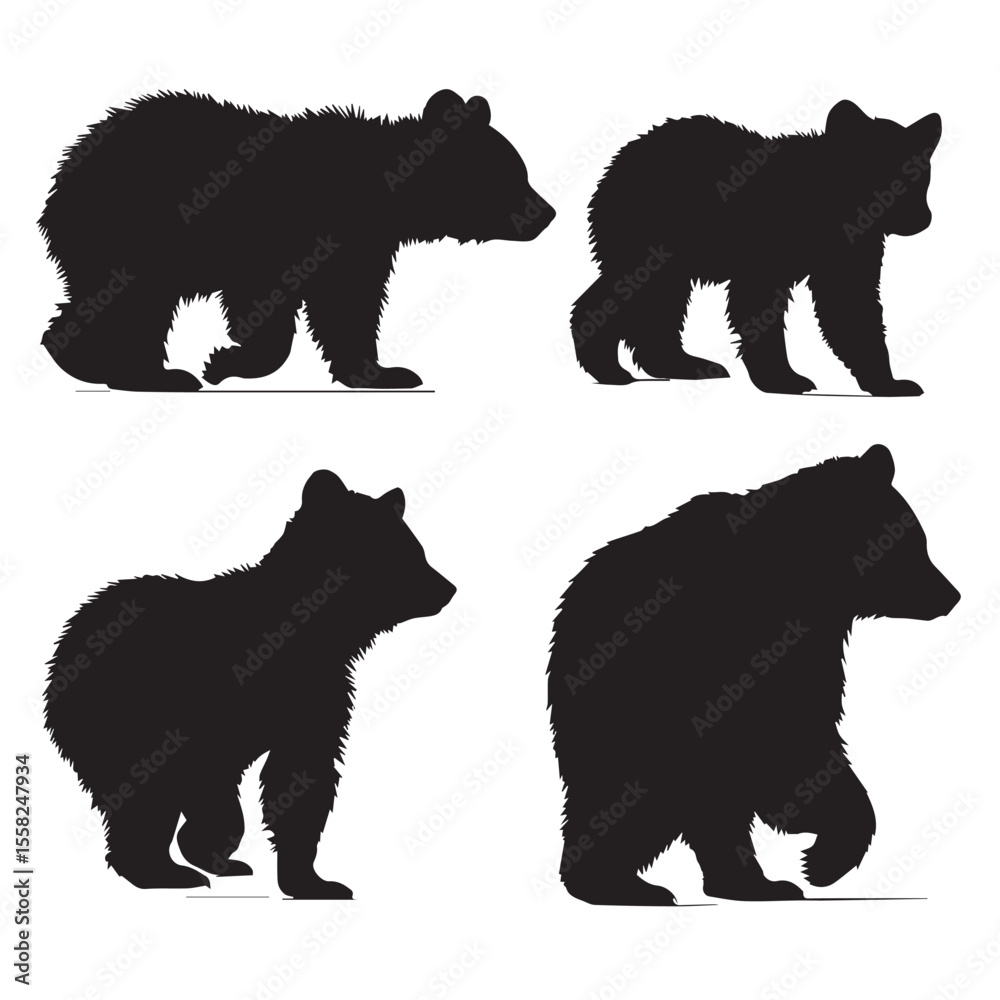 Fototapeta premium bear cub silhouette set, Black & White silhouette set