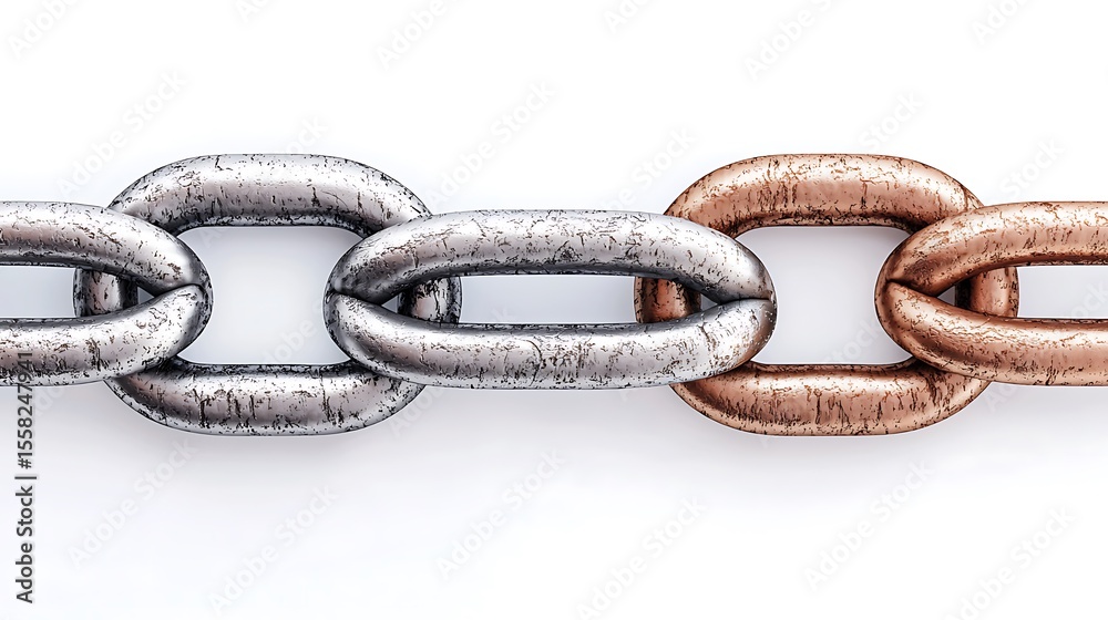 Obraz premium Metal Chain Links in Silver, Copper, and Bronze Colors on a White Background
