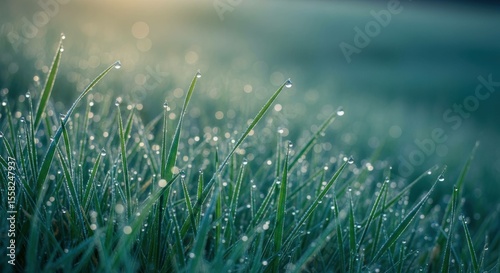 Fresh grass with water droplets at dawn, spring meadow background