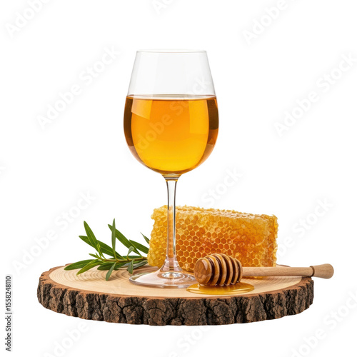 A glass of golden mead or honey wine, accompanied by natural honeycomb, a wooden honey dipper, and fresh rosemary sprigs, presented on a rustic wood slice.