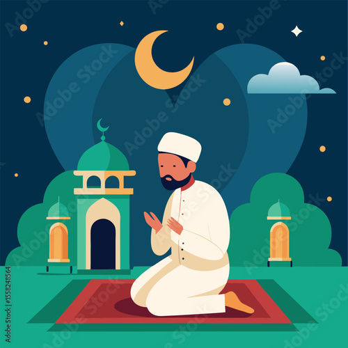 A muslim man in traditional attire is praying on a prayer mat in front of a mosque under a starry night sky with a crescent moon and clouds