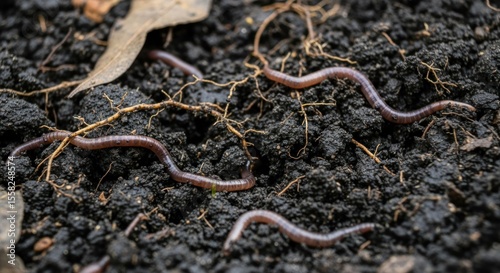 Earthworms wriggling in dark soil amongst root systems and leaf litter