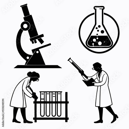 Scientists in laboratory coats conduct experiments with a microscope test tubes and a bubbling erlenmeyer flask representing scientific research and discovery