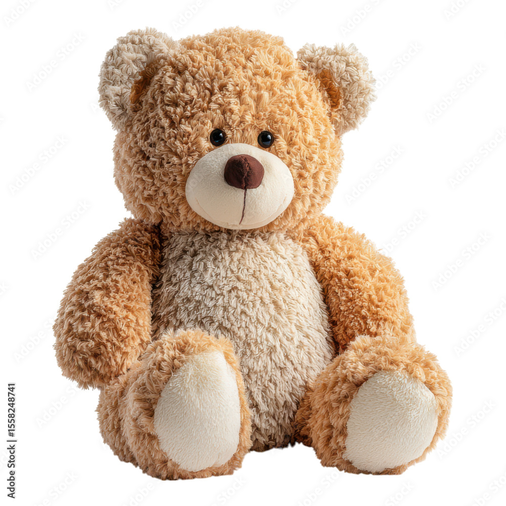 Obraz premium Cute plush teddy bear sitting on a white background, perfect for children, toys, and gifts