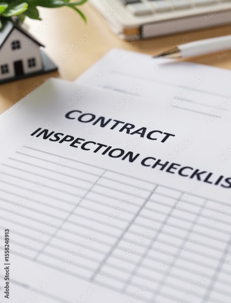 Fototapeta premium real estate investment checklist document concept. Contract inspection checklist on a desk with a house model.