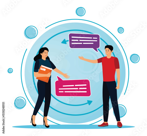 Social interaction skills concept.  Two People Engaged in Dialogue with Speech Bubbles.