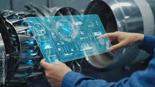 Engineer Using Transparent Touchscreen Tablet to Analyze Jet Engine