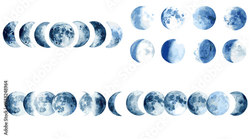 Watercolor illustration of moon phases in blue tones, showcasing lunar cycle stages, perfect for astronomy, calendars, and spiritual or science visuals.

