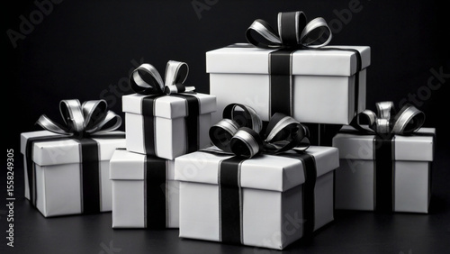 Elegant white gift boxes with black ribbons stacked for a festive celebration isolated on black background