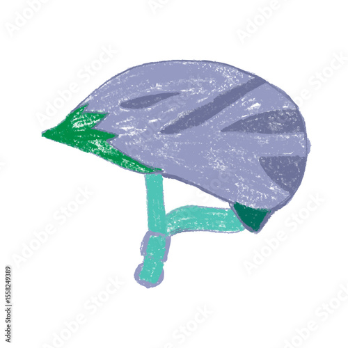 Hand-drawn purple bicycle helmet with green visor and chin strap, featuring textured pastel-like illustration style and simple shading.