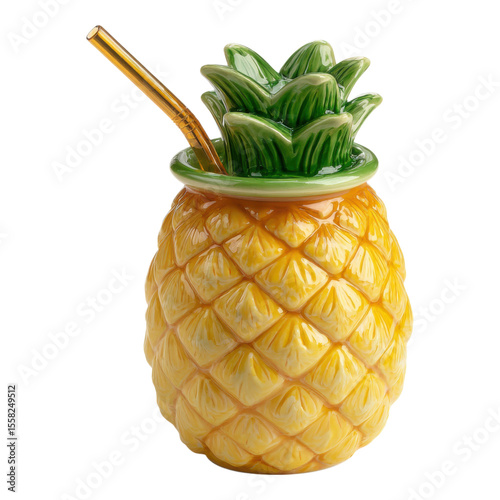 Colorful ceramic pineapple cup with green leaves and golden yellow body, perfect for summer drinks and cocktails