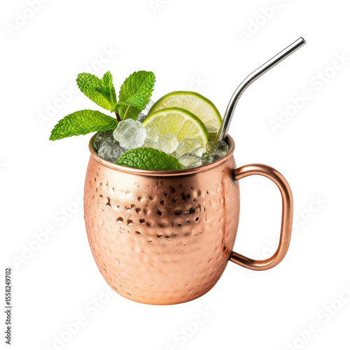 A refreshing moscow mule cocktail served in a classic hammered copper mug with ice, lime slices, fresh mint, and a reusable metal straw. Ideal for summer and bar menus.