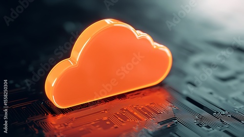 Vibrant Orange Cloud Symbol Over Circuit Board in Futuristic Digital Environment