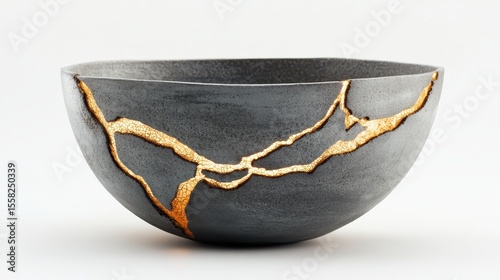 Cracked gray ceramic bowl repaired with gold lacquer, Kintsugi art. Perfect for symbolizing resilience, healing, or Japanese aesthetics.