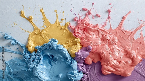 Vibrant splashes of colorful paints creating artistic textures on a light background