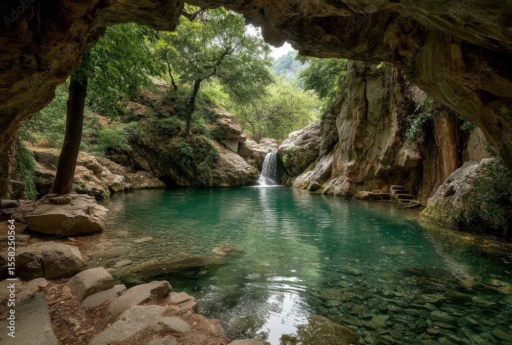 Fototapeta premium Serene Waterfall Cascading into Tranquil Pool Surrounded by Lush Green Trees in Natural Cave Formation
