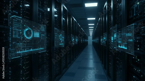 Server room interior with glowing displays