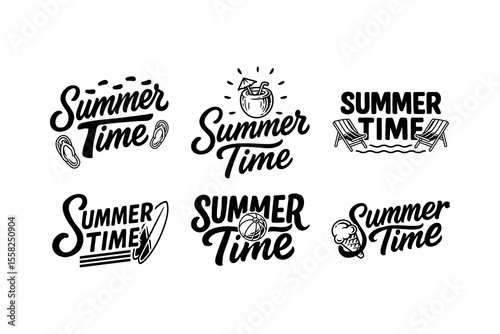 summer time lettering element designs set with slippers, coconut, chair, surfboard, ball, ice cream. retro summertime typography illustration design collection for seasonal apparel and packaging