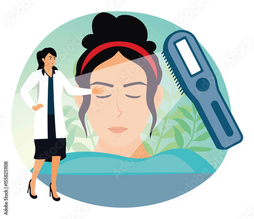 Light therapy concept. Dermatology Consultation with a Doctor Using Scalp Examination Tools.