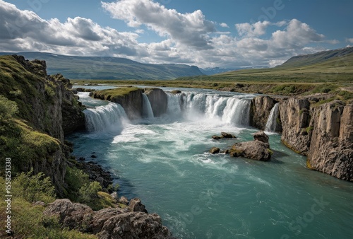 Serene Waterfall Cascading Over Rocky Cliffs Surrounded by Lush Greenery Under a Bright Blue Sky with Fluffy White Clouds in a Scenic Landscape