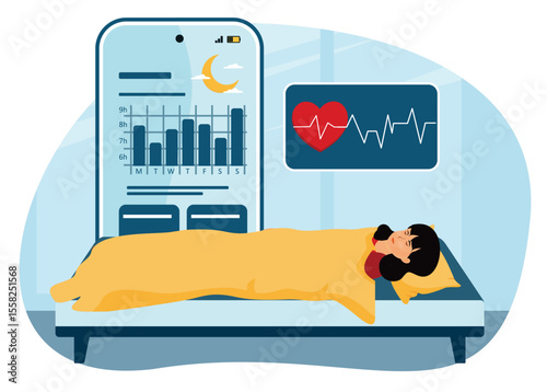 Sleep tracking concept. Woman Sleeping With Digital Sleep Tracker and Heart Monitoring Display.
