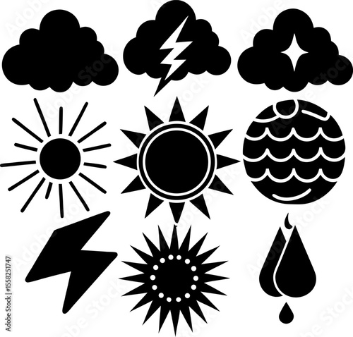 Collection of black weather icons including suns lightning clouds rain drops and a stylized planet representing diverse atmospheric conditions