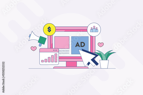 Display ad on website, online marketing and promotion, cursor clicks and measurable revenue on dashboard.