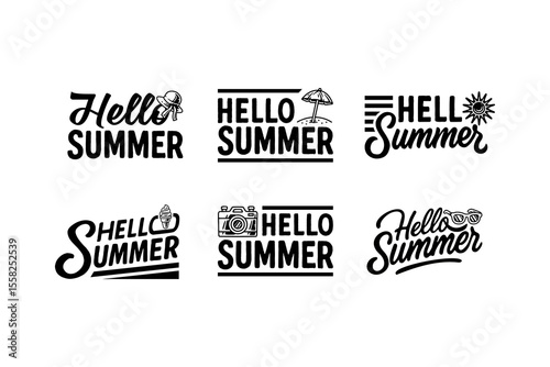 hello summer lettering element designs set with hat, umbrella, sun, ice cream, camera, sunglasses. retro hello summertime typography illustration design collection for seasonal apparel and packaging