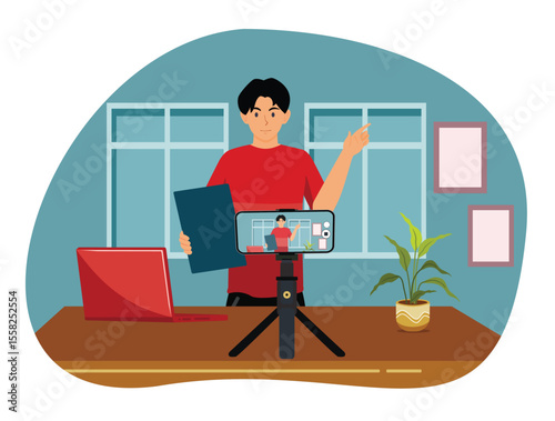 Life coach training. Man Creates Life Coach Training Video Content Using Smartphone and Tripod