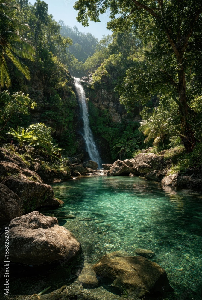 Fototapeta premium Serene Waterfall in Lush Jungle with Crystal Clear Pool Surrounded by Greenery and Tropical Plants on a Bright Sunny Day