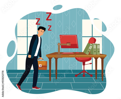 Sleep deprivation concept. Sleep deprivation Employees Enter the Office Space.