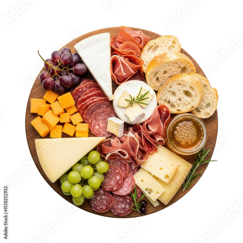 An overhead view of a rustic wooden charcuterie board laden with a variety of gourmet cheeses, sliced cured meats, fresh grapes, baguette, and a bowl of honey, perfect for entertaining.