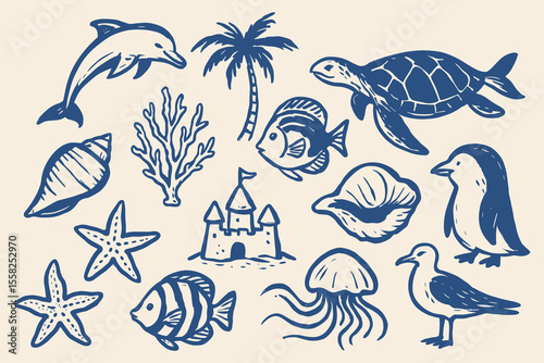 Summer beach vacation doodles set with sea animals vector illustration background, perfect for wallpaper