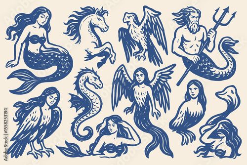 Vintage Nautical Mythological Creature Illustration featuring sirens tritons hippocampus and eagle harpy drawings