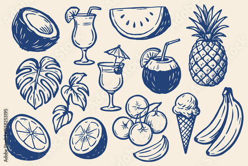 Tropical delight illustration showing a collection of fruits drinks and a leaf in a sketched style