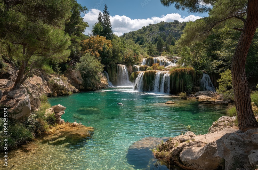 Naklejka premium Serene Waterfall Surrounded by Lush Greenery and Crystal Clear Water in Tranquil Natural Setting with Clear Blue Sky and Majestic Mountains in Background